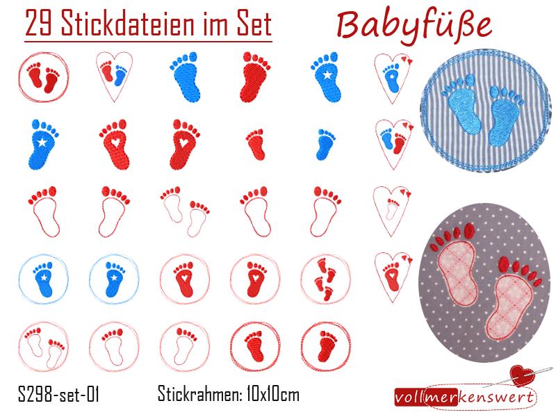 29 Stickdateien im Set Babyfüße Doodle-Style und Vollstick für den 10x10cm Stickrahmen S298-set-01